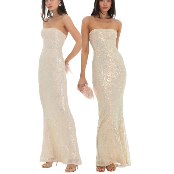 Lucy In The Sky Sequin Strapless Back Bow Maxi Formal Dress (Champagne) - Picture 2 of 16